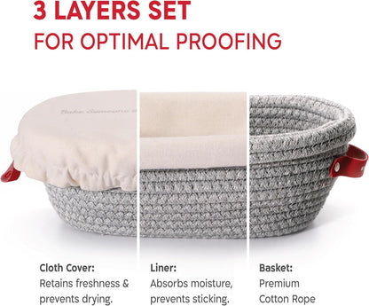 Cotton Rope Banneton Bread Proofing Basket Set, 2 x Oval Bread Basket with Liners & Covers for Artisan Bread Baking, Sourdough Bread Baking Supplies