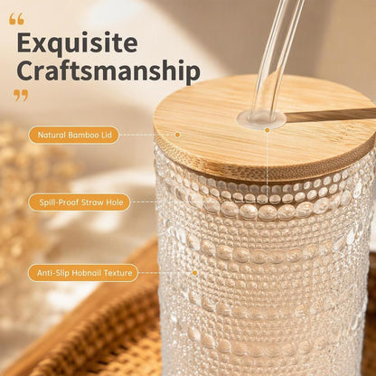 Glass Cups with Lids and Straws 16 oz Hobnail Drinking Glasses | Vintage Iced Coffee Cup with Bamboo Lid, Cute Stackable Glassware for Cocktail Juice Matcha Smoothie Home Kitchen
