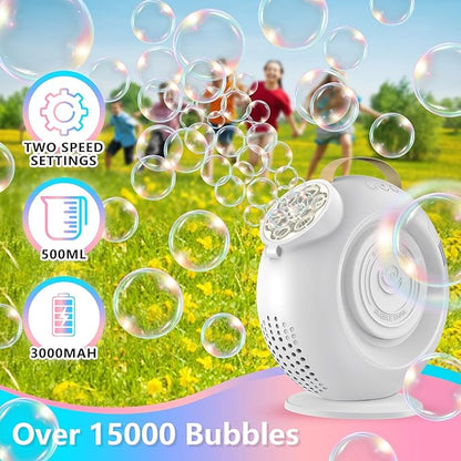 Bubble Machine, Automatic Bubbles Blower for Kids Toddlers - 15000+ Bubbles Per Min, 90°/360° Auto Rotation & LED Light, Rechargeable Bubble Maker for Birthday Parties Wedding Outdoor Activities Gifts