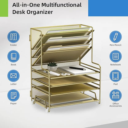 MINDEPOT 4-Tier Paper Organizer + 3-Pocket File Holder + Drawer + Pen Holders, Desktop File Organizers Paper Tray for Office Supplies School Classroom Organization (Gold, no Drawer & Pen Holder)