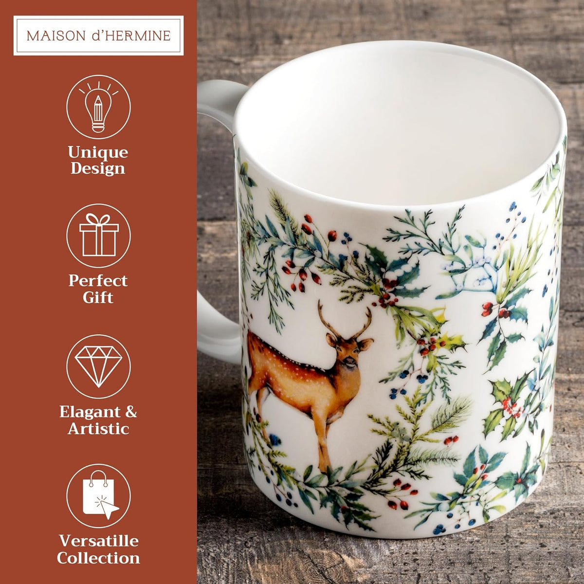 Maison d' Hermine Coffee Mug with Handles Fine Bone China Mugs Pack of One Tea Cups for Hot Beverages Cappuccino Latte Home Restaurant Office Perfect for Gift (Holly Time - Biche, 12 Ounce)
