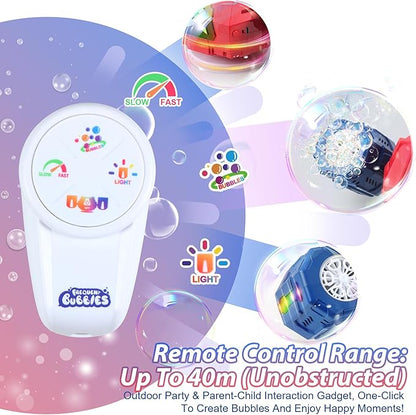New RC Bubble Machine with RGB Lights, 360° Auto Rotation Bubbles Toy, Rechargeable Battery, Bubble Blower Maker for Kids, Parties, Birthday Gift, Weddings, Indoor Outdoor Activity, Red-Blue