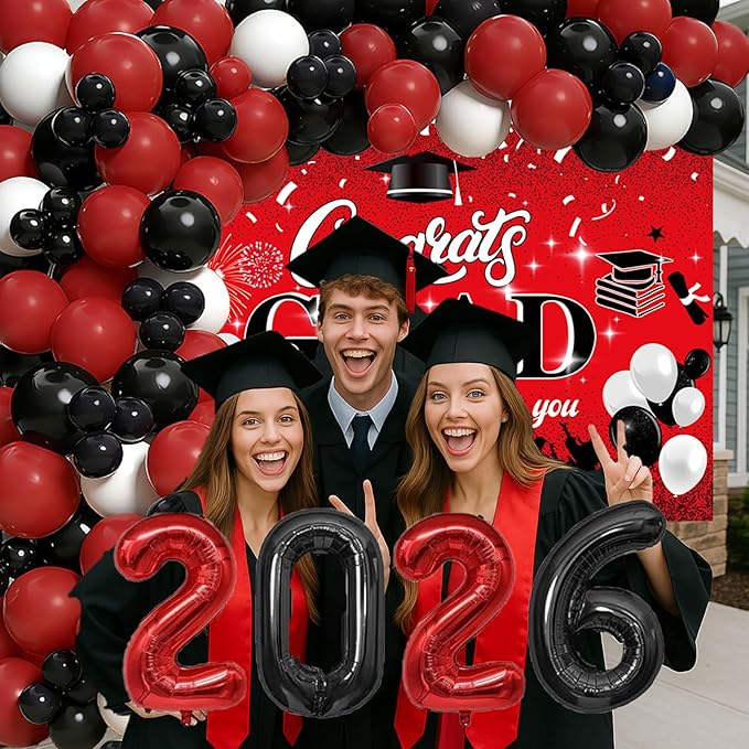 Red and Black Graduation Party Decorations 2026 - Graduation Balloon Arch Kit With Red Black Graduation Balloons, Congrats Grad Backdrop, 2026 Foil Balloons For High College School Gradua tion Decor