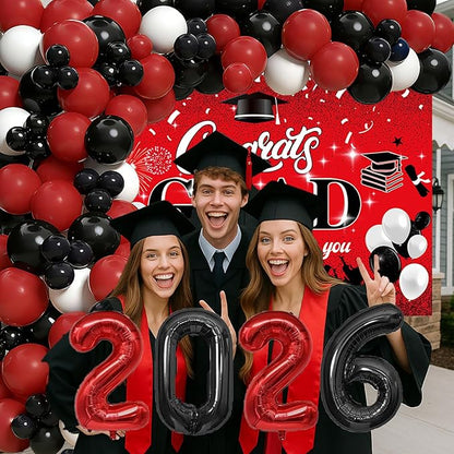 Red and Black Graduation Party Decorations 2026 - Graduation Balloon Arch Kit With Red Black Graduation Balloons, Congrats Grad Backdrop, 2026 Foil Balloons For High College School Gradua tion Decor