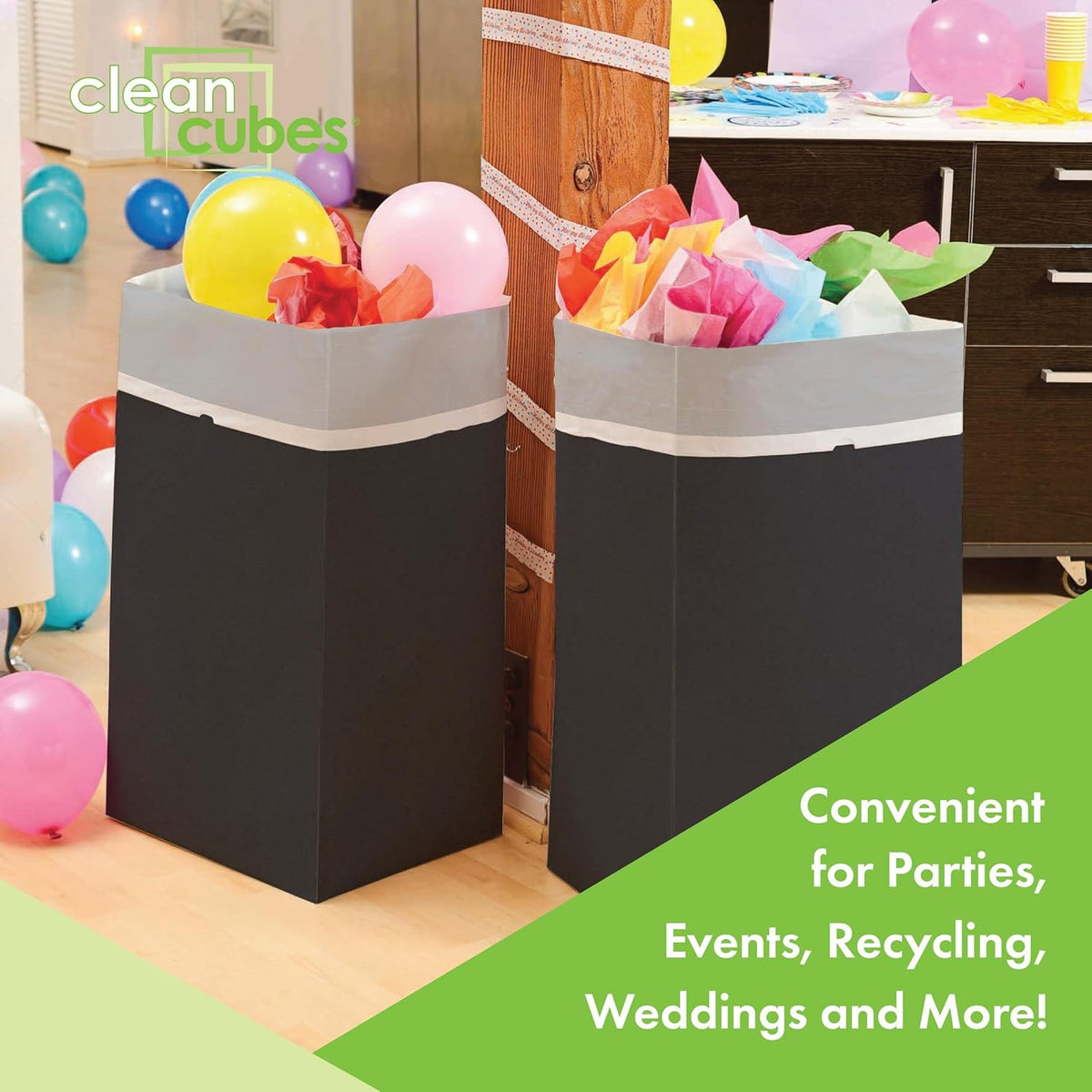 30 Gallon Disposable Pop-Up Trash Cans (3-Pack) with Fitted Bags – Foldable Garbage & Recycling Bins for Parties, Events & Kitchen (Black, 30" H x 14" W x 17" D)