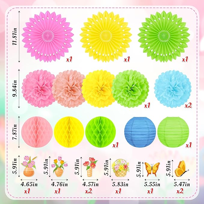 22pcs Spring Decorations for Home – Hanging Paper Fans, Lanterns, Pom Poms, Hanging Swirls for Office, Classroom, Birthday Party, Indoor Outdoor Ceiling Decor