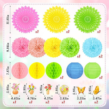22pcs Spring Decorations for Home – Hanging Paper Fans, Lanterns, Pom Poms, Hanging Swirls for Office, Classroom, Birthday Party, Indoor Outdoor Ceiling Decor