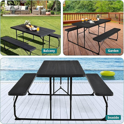 Giantex 4.5 FT Folding Picnic Table Bench Set- Outdoor Dining Set for 4-6 Persons w/All-Weather HDPE Tabletop, Metal Leg, Large Outside Dining Table for Lawn Patio Garden Yard Poolside, Black