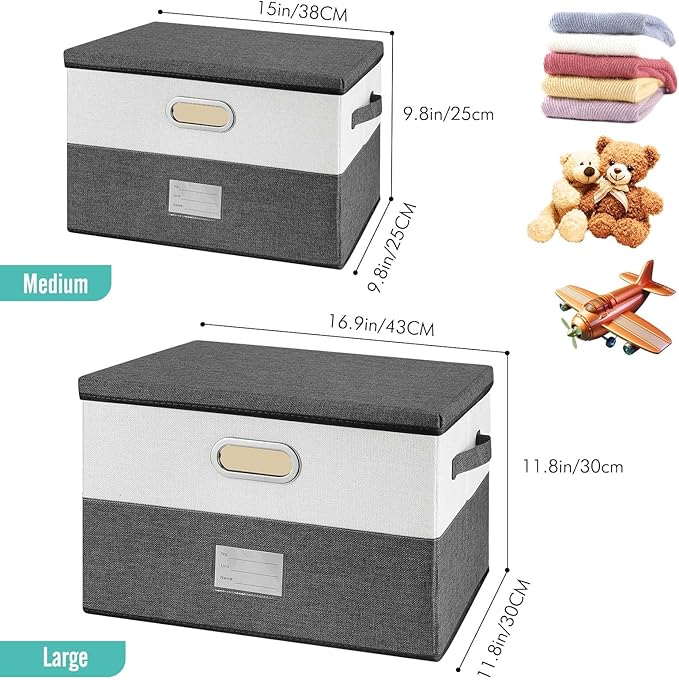 Large Linen Fabric Foldable Storage Bins with Removable Lid and Handles, Washable Storage Box Organizer Containers Baskets Cube with Cover for Bedroom,Office (Turquoise&Cream, Medium(2-Pack))