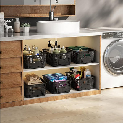 ORGIDOL Plastic Storage Basket with Lids 10 Pack Stackable Black Storage Bins Containers with Lid, Decorative Storage Boxes for Organizing Shelves, Drawers, Playroom, Classroom, Office, Closet