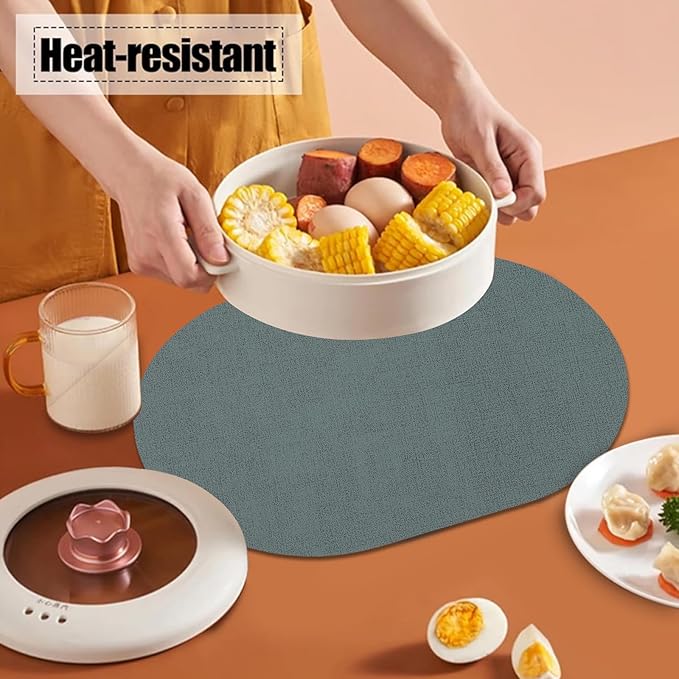 Leather Placemats Set of 6 Oval,Green Faux Leather Placemat Waterproof Reversible Non Slip,Heat Resistant Wipeable Table Placemats for Dining Table,Modern Table Protectors