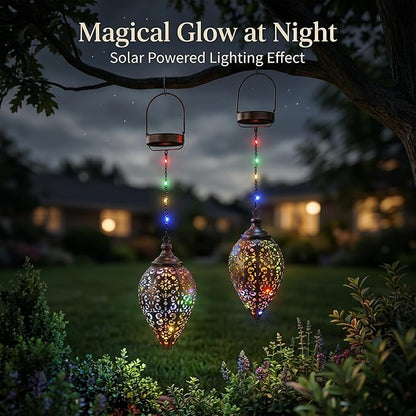 2 Pack Hanging Solar Lanterns, Colorful LED Outdoor Lights, Retro Metal Waterproof Lanterns for Garden Patio Yard Decor