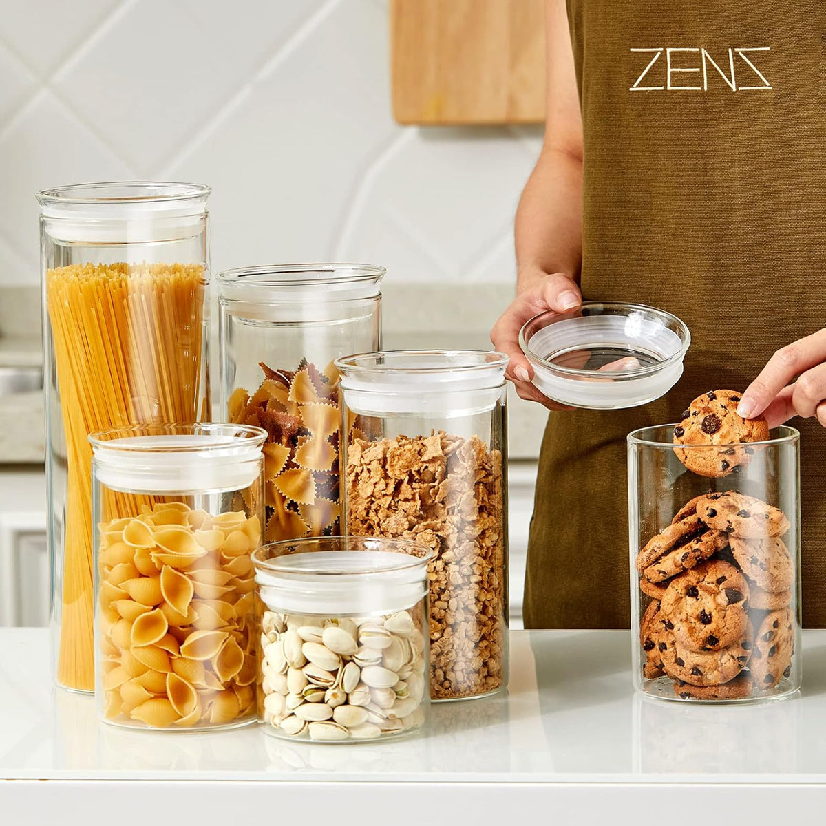 Zens Glass Spaghetti Pasta Storage Container with Lids Set of 2, 65oz Tall Clear Airtight Food Storage Jar Canisters for Kitchen Pantry Noodles Flour