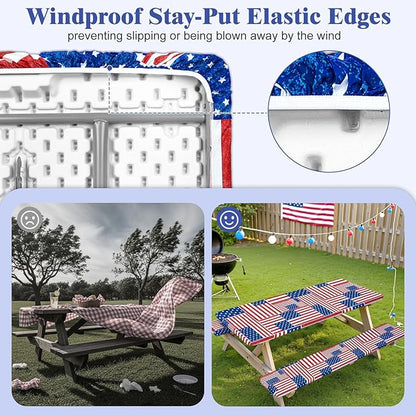 Picnic Table Cover with Bench Covers Windproof Waterproof Picnic Table Covers Camping Tablecloth with Self-Storage Bag, 72in, Multi Flag Patchwork