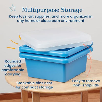 ECR4Kids Stackable Square Bins with Non-Snap Lids, Multipurpose Organization, French Blue, 2-Pack