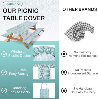 Fitted 8Ft Picnic Table Cover with Chair Covers Elastic Polyester Stain Resistant Reusable Camping Table Cloth Patio Family Glamping Things Hiking Rv Traveling Needs Gifts for Grandparents