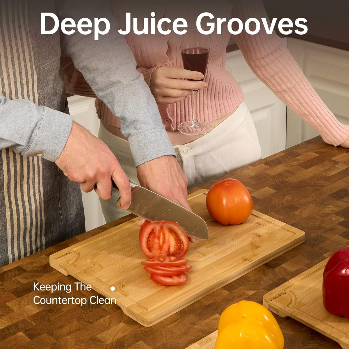 Bamboo Cutting Boards for Kitchen, Wood Cutting Board with Holder, Bamboo Cutting Board Set Reversible with Juice Grooves for Meat Cheese Fruit and