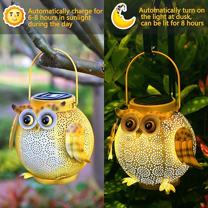 2 Pack Hanging Solar Lanterns - Garden Light Waterproof Metal Decorative Solar Lantern Lights Outdoor for Patio Yard Table Pathway with Owl Pattern