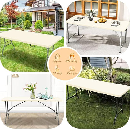 10 Pack Stretch Fabric Table Top Cap Cover, Ivory Table Covers fits 6Ft Tables, Washable Elastic Universal Rectangle Tablecloth Protector for Indoor Outdoor Party Picnic Wedding (30" W x 72" L)