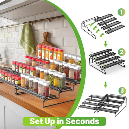 4 Tier Adjustable Spice Rack Organizer for Cabinet - Black (2 Pack) | Expandable Spice Shelf with Protection Railing for Inside Cabinets, Countertop, Pantry Storage & Seasoning Organization