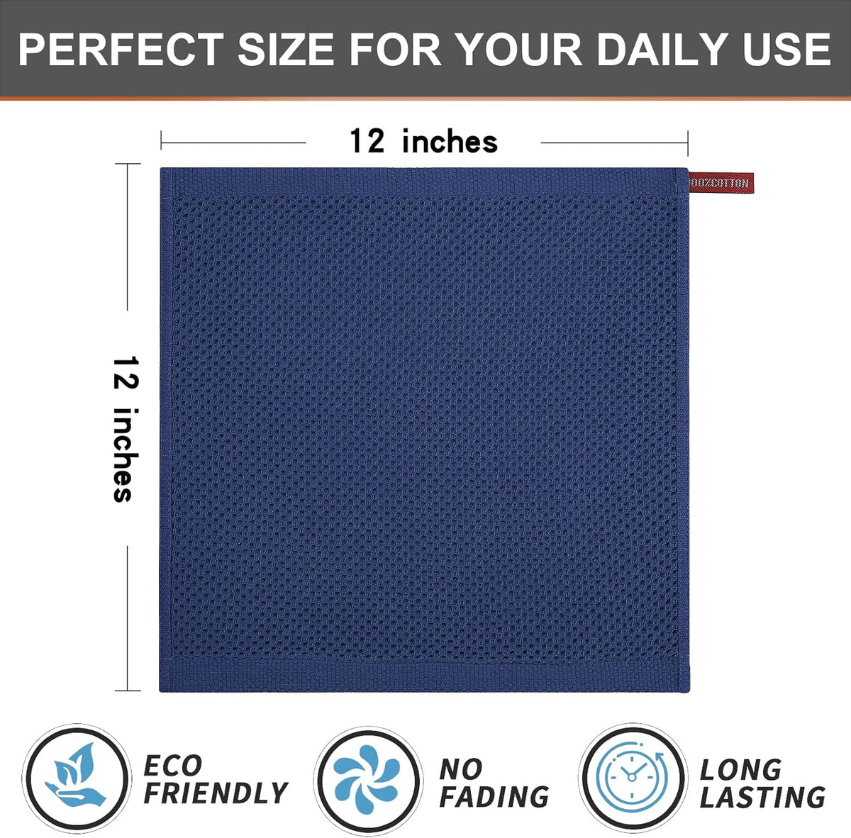 Kitinjoy 100% Cotton Kitchen Dish Cloths, 6 Pack Waffle Weave Ultra Soft Absorbent Dish Towels for Drying Dishes Quick Drying Kitchen Towels Dish Rags, 12 X 12 Inches, Navy Blue