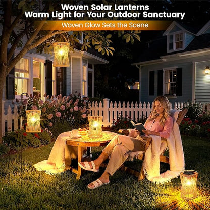 Solar Lanterns Outdoor Waterproof 1 Pack, Upgraded Rattan Hanging Solar Lights for Outside with Handle, Bright Auto On/Off Decorative Outdoor Lanterns for Patio Garden Yard Porch, Gifts for Mom