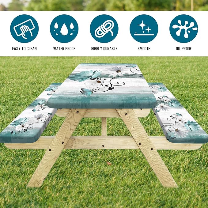 Rustic Farmhouse Teal Flower Picnic Table Cover with Bench Covers, Waterproof Teal Daisy Floral Flowers Butterfly on Country Wooden for Camping Indoor Outdoor Party Decorations, 30X72in