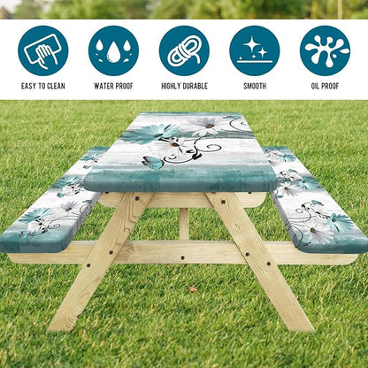 Rustic Farmhouse Teal Flower Picnic Table Cover with Bench Covers, Waterproof Teal Daisy Floral Flowers Butterfly on Country Wooden for Camping Indoor Outdoor Party Decorations, 30X72in
