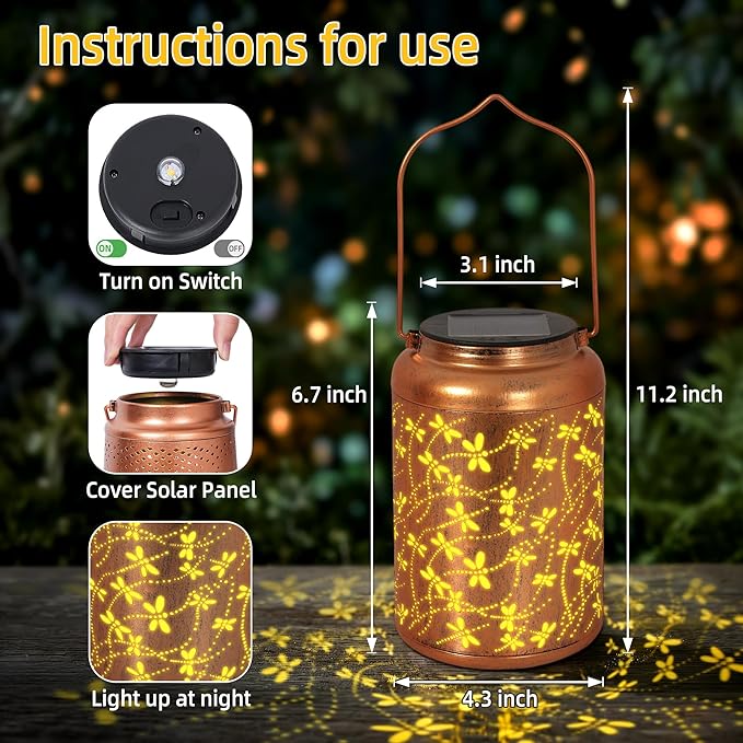 Solar Lantern Outdoor Waterproof, Gifts for Women Mom Grandma, Hanging Metal Light Dragonfly Garden Decor for Yard Patio Lawn