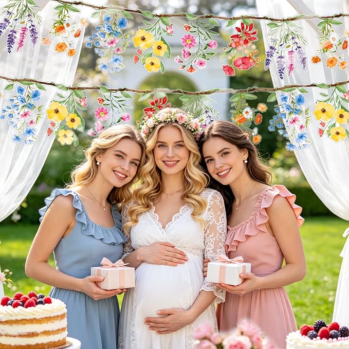 Pre-Strung Flower Garland Wildflower Banner, 2Pcs Reusable Floral Garlands for Bridal Shower Wedding Baby Bloom Garden Birthday Woodland Tea Party Decorations