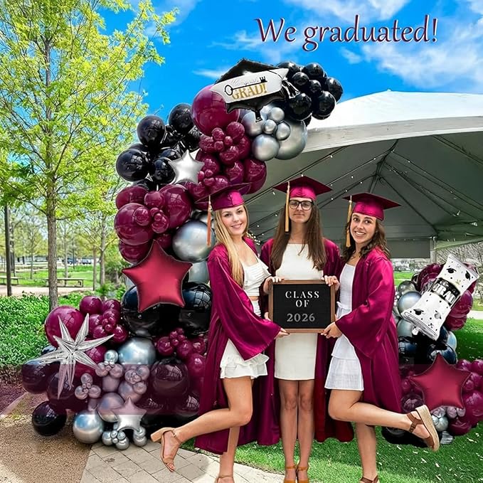 130 Pcs Maroon Black Silver Balloon Arch Kit with GRAD Letters & Graduation Cap Foil Balloons, Star Accents for Senior Night Decorations, Class of 2026 Prom & Party Supplies