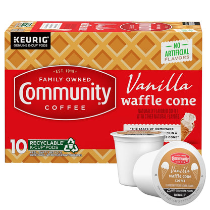 Community Coffee Vanilla Waffle Cone Ice Cream Flavored, 10 Count Coffee Pods, Compatible with Keurig 2.0 K-cup Brewers, 10 Count