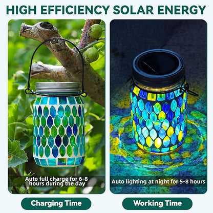 VOREEN Solar Powered Mosaic Mason Jar Lights, Colorful Stained Glass Lanterns for Outdoor Garden Decor, 2 Pack