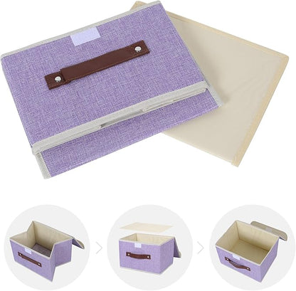 ANMINY Storage Bin with Lid Storage Boxes with PU Leather Handles PP Plastic Board Decorative Foldable Lidded Cotton Linen Fabric Home Cubes Baskets Closet Organizer Container - Purple, Small Size