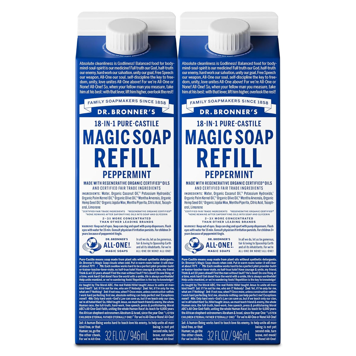Dr. Bronner's Magic Soap-Pure-Castile Liquid Refill (Peppermint, 32 ounce, 2-Pack) - Regenerative Organic Certified Oils, For Body, Hair, Laundry, Pets & Dishes, Concentrated, Vegan, Non-GMO