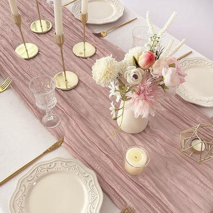 FEXIA 6 Pack Table Runner Dusty Pink Cheesecloth 35x120 Inches Boho Gauze Spring Easter Table Runner for Wedding Decor Reception Bridal Shower Centerpiece Engagement