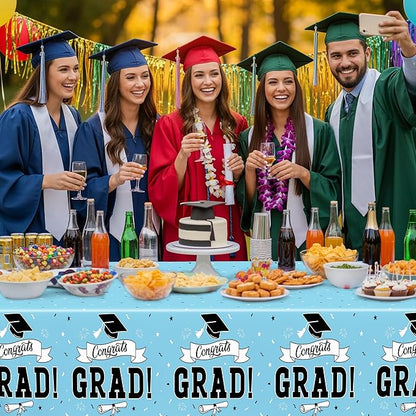 2Pcs Graduation Tablecloth, 108" X 54" Skyblue Graduation Table Decor 2026, Rectangle Tablecloth for Class 2026 Congrats Grad, Disposable Plastic Tablecover for Grad Decor Party Supplies for Kids