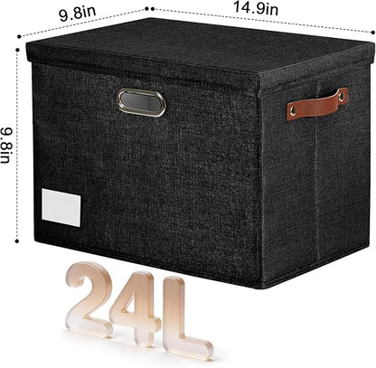15" Large Collapsible Storage Bins with Lids, Stackable Closet Organizers with PU Handle and Labels, 3-Pack Decorative Fabric Storage Boxes for Home, Bedroom, Closet, Office, Nursery(Black)