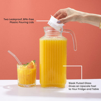 JoyJolt 60oz Glass Pitcher with Lid (2 Lids) - Beverage Serveware and Storage Container for Cold Drinks and Liquids. Juice Container, Water Jug