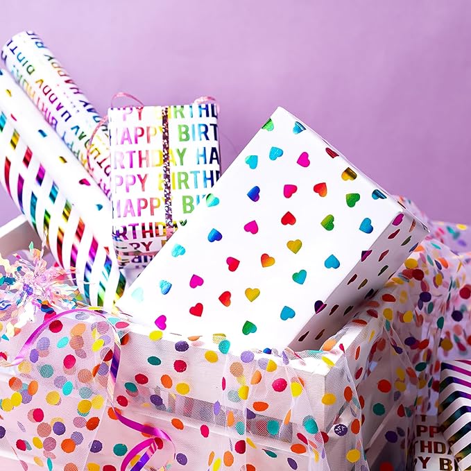 WRAPAHOLIC Heart Wrapping Paper Roll - Mini Roll - 3 Rolls - 17 inch x 120 inch Per roll - Colorful Foil Birthday Wrapping Paper for Valentine's Day, Kids Girls Birthday, Baby Shower