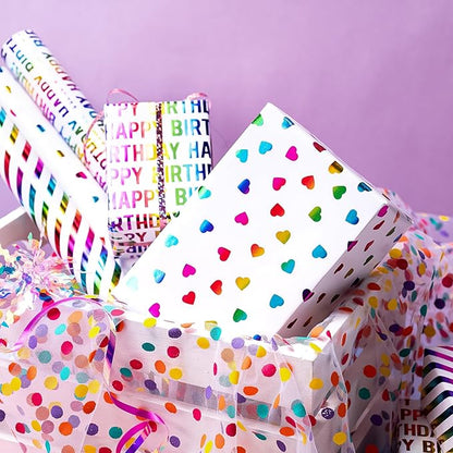 WRAPAHOLIC Heart Wrapping Paper Roll - Mini Roll - 3 Rolls - 17 inch x 120 inch Per roll - Colorful Foil Birthday Wrapping Paper for Valentine's Day, Kids Girls Birthday, Baby Shower