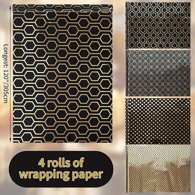 Birthday Wrapping Paper Metallic Black and Gold Geometric Wrapping Paper Gift Wrap for Father's Day Men Husband Boyfriend Mini Roll, 4 Rolls Geometry Pattern - 17 inch x 120 inch(10feet) Per Roll