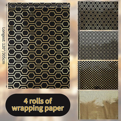 Birthday Wrapping Paper Metallic Black and Gold Geometric Wrapping Paper Gift Wrap for Father's Day Men Husband Boyfriend Mini Roll, 4 Rolls Geometry Pattern - 17 inch x 120 inch(10feet) Per Roll