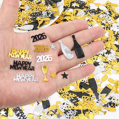 HOWAF 2026 New Year Party Decoration Supplies, New Years Confetti Decoration- Black, Gold, Silver Wine Bottle Glitter Sequins Star Foil Confetti for Happy New Year Eve Decorations Table Scatters