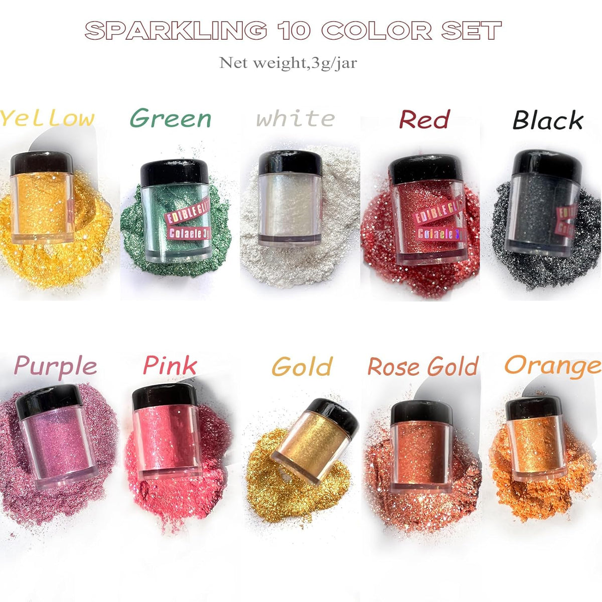 Edible Glitter for Cakes Drinks Luster Dust Set - Colaele 10 Colors Shimmering Disco Glitter Food Grade Metallic Food Coloring Powder Sprinkling for