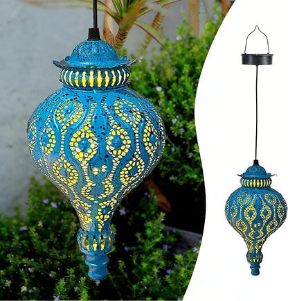 Moroccan Solar Lanterns Outdoor Waterproof Blue Hanging Lanterns Outdoor Ramadan Garden Decor Gardening Gifts for Women Mom Grandma Solar Lights for Patio, Pathway, Yard, Porch, Backyard.