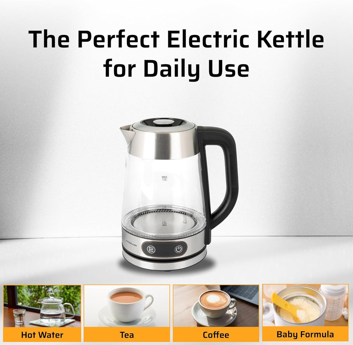 Epsilon 1.8L Glass Electric Kettle – Hot Water Tea Kettle with Borosilicate Glass & Stainless Steel, Auto Shut-Off, Fast Boil 1500W Electric Teapot