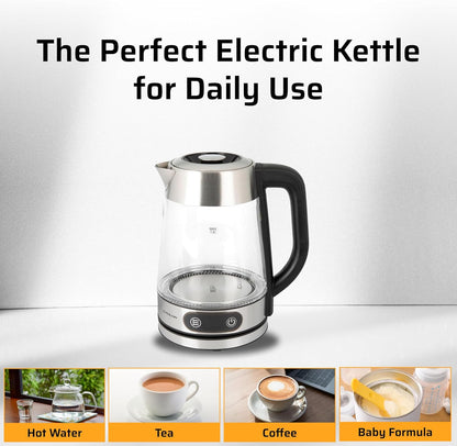 Epsilon 1.8L Glass Electric Kettle – Hot Water Tea Kettle with Borosilicate Glass & Stainless Steel, Auto Shut-Off, Fast Boil 1500W Electric Teapot