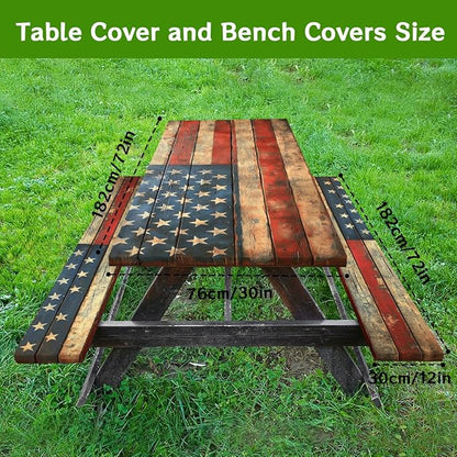American Flag Picnic Table Cover with Bench Covers and Carrying Bag, Wooden Planks Texture Rectangle Table Cover, Outdoor Patio Camping Essentials 6FT 4PCS, Camping Fitted Tablecloth