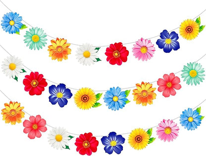 2pcs Colorful Daisy Flower Garland Banner, Spring Summer Floral Bunting Hanging Decor for Birthday Baby Shower Wedding Garden Tea Pool Party Supplies
